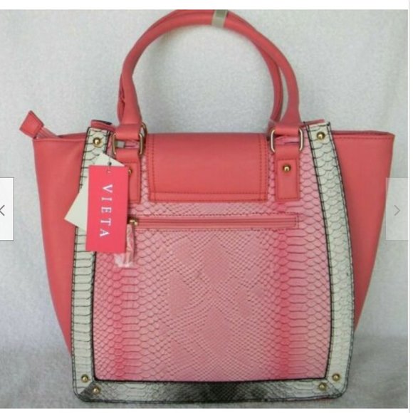 VIETA Fashion Bags Snake Skin Accented Center Clip On Top Handbag